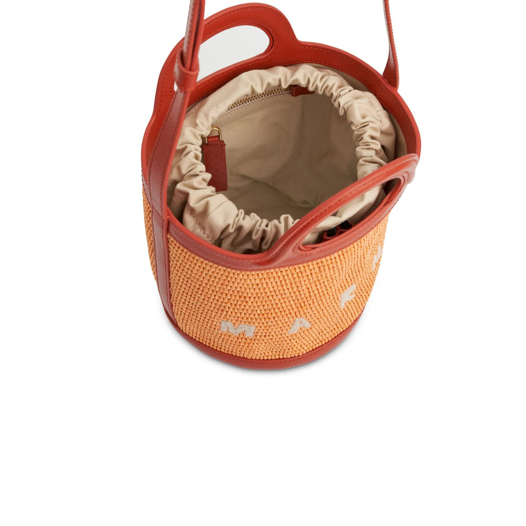 Tropicalia Small Bucket Bag in Leather and Raffia-Effect Fabric