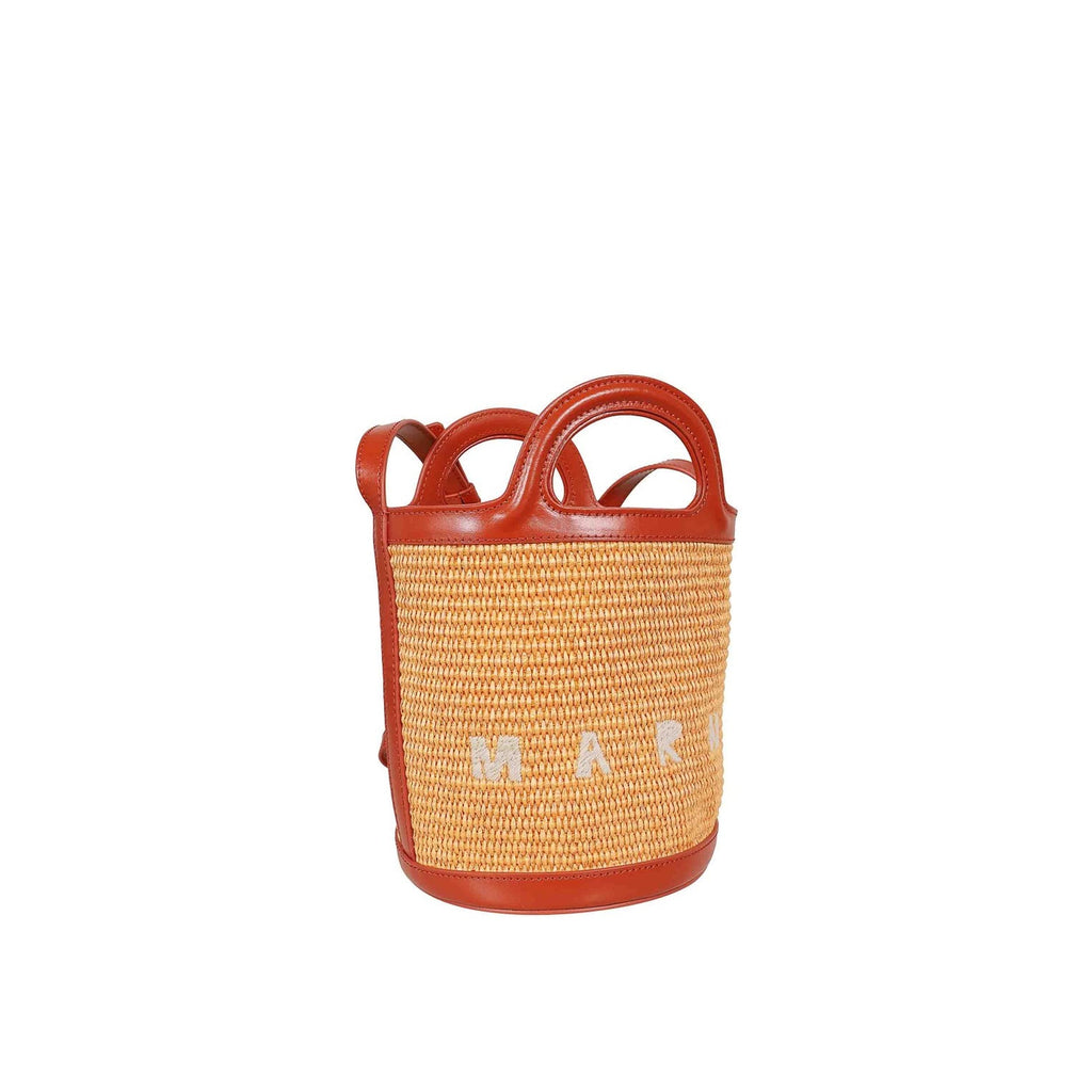 Tropicalia Small Bucket Bag in Leather and Raffia-Effect Fabric
