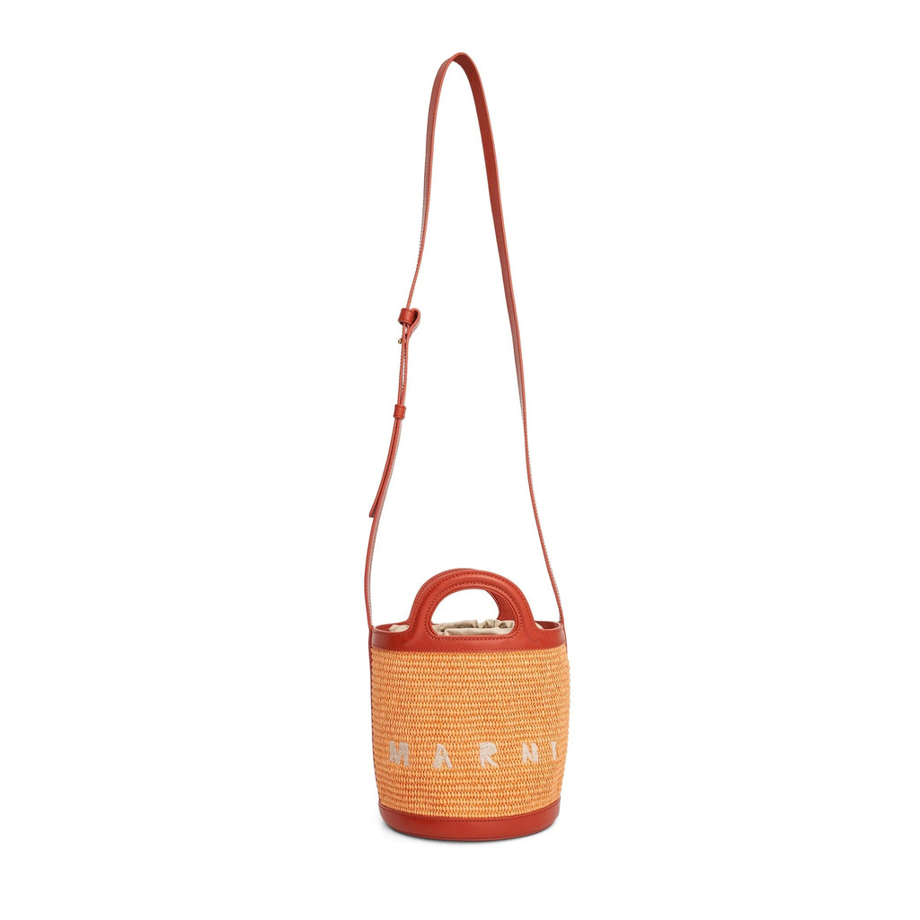 Tropicalia Small Bucket Bag in Leather and Raffia-Effect Fabric