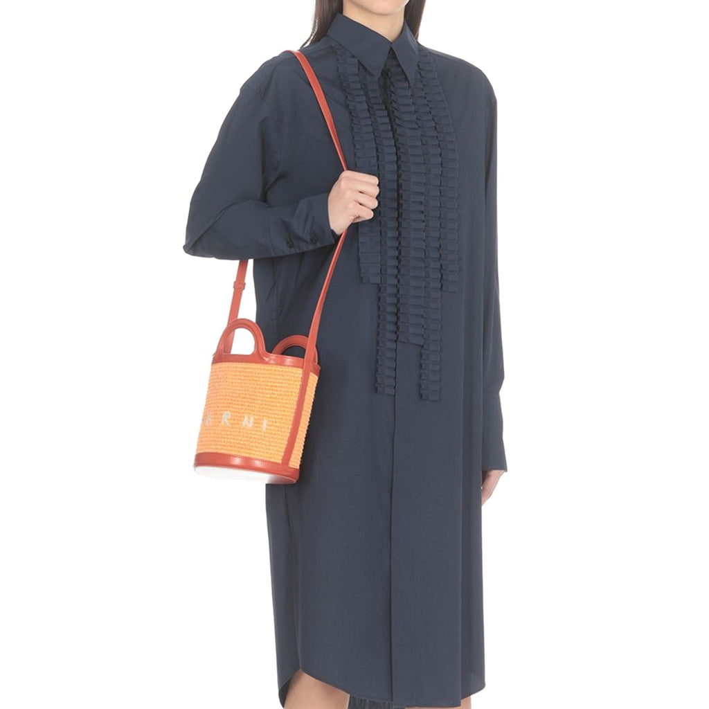 Tropicalia Small Bucket Bag in Leather and Raffia-Effect Fabric