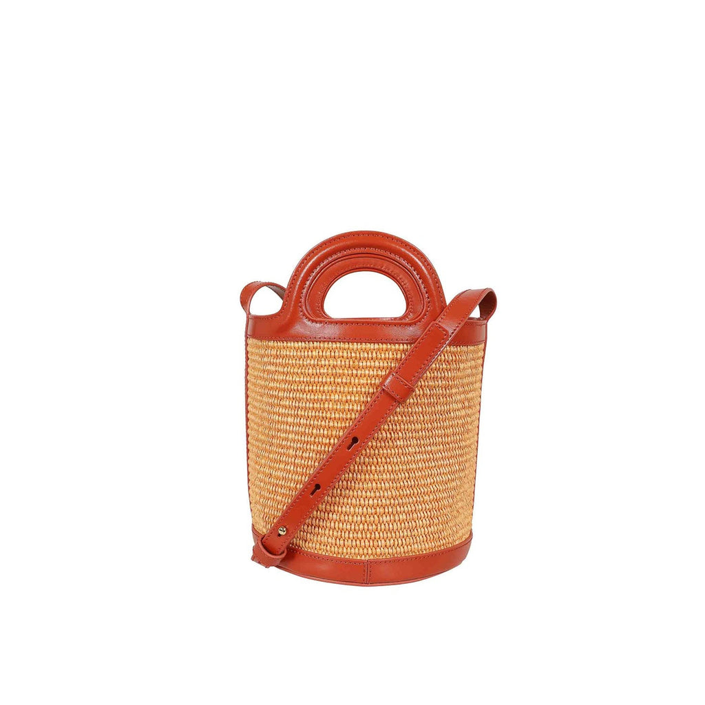 Tropicalia Small Bucket Bag in Leather and Raffia-Effect Fabric