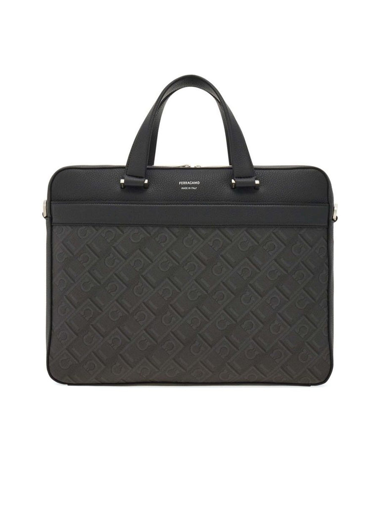 Embossed Logo Black Leather Top Handle Bag 0