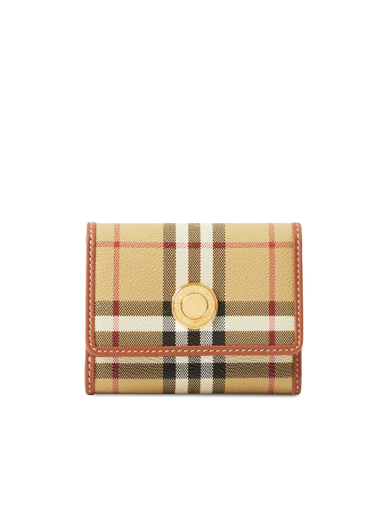 Check and Leather Small Folding Wallet in Archive Beige