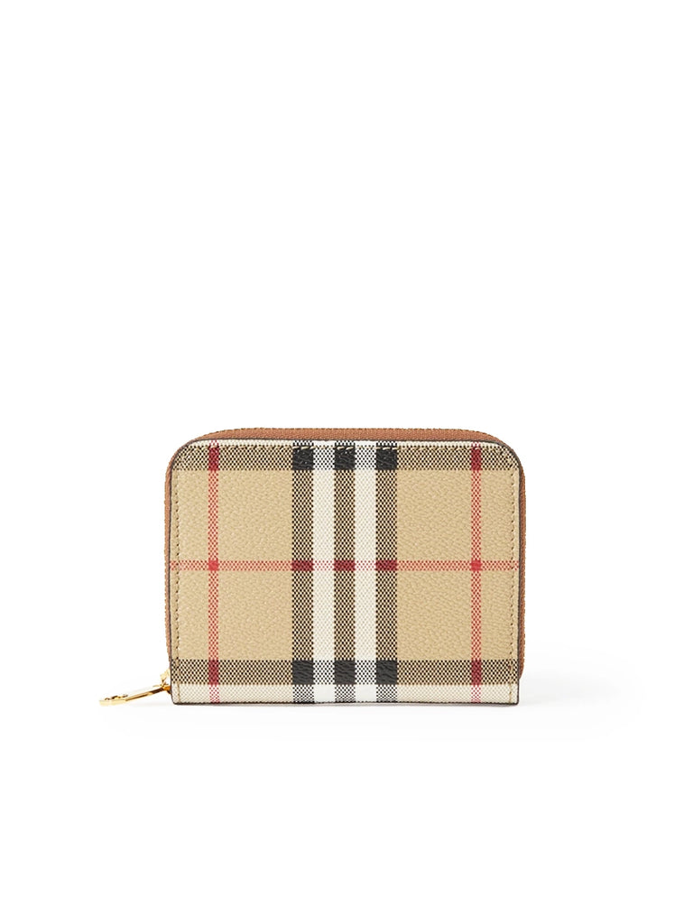 Leather and Check Zipped Wallet in Archive Beige and Briarwood