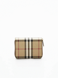 Leather and Check Zipped Wallet in Archive Beige and Briarwood