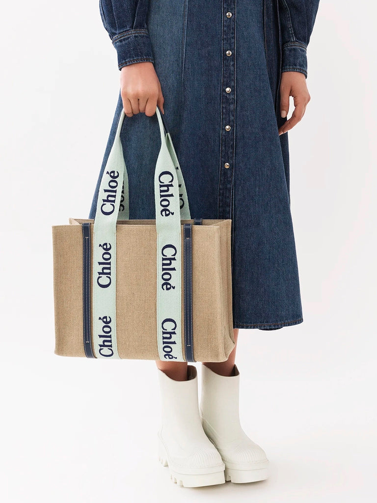 Chloe Medium Woody Tote Bag in White Blue Cosette
