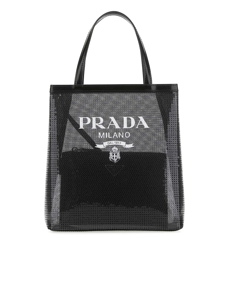 Logo Print Sequin Tote Bag in Black COSETTE