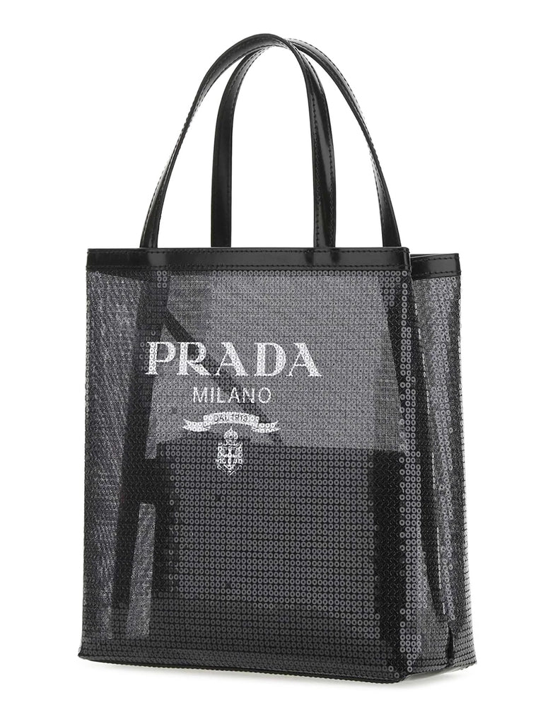 Logo Print Sequin Tote Bag in Black COSETTE