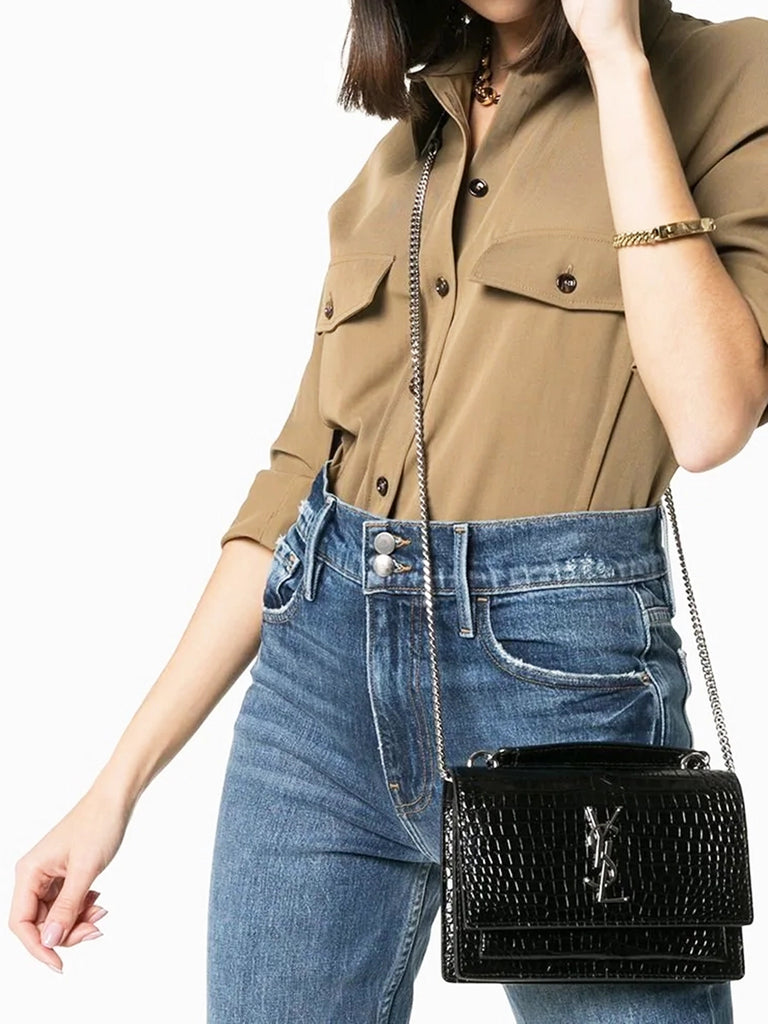 Saint Laurent Sunset Chain-Wallet in Crocodile Embossed Shiny Leather