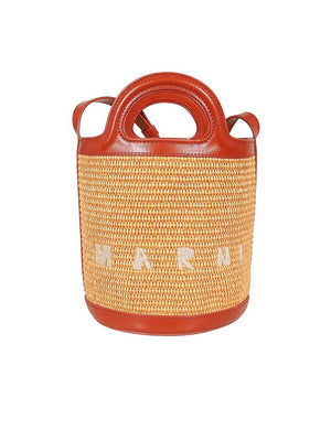 Tropicalia Small Bucket Bag in Leather and Raffia-Effect Fabric