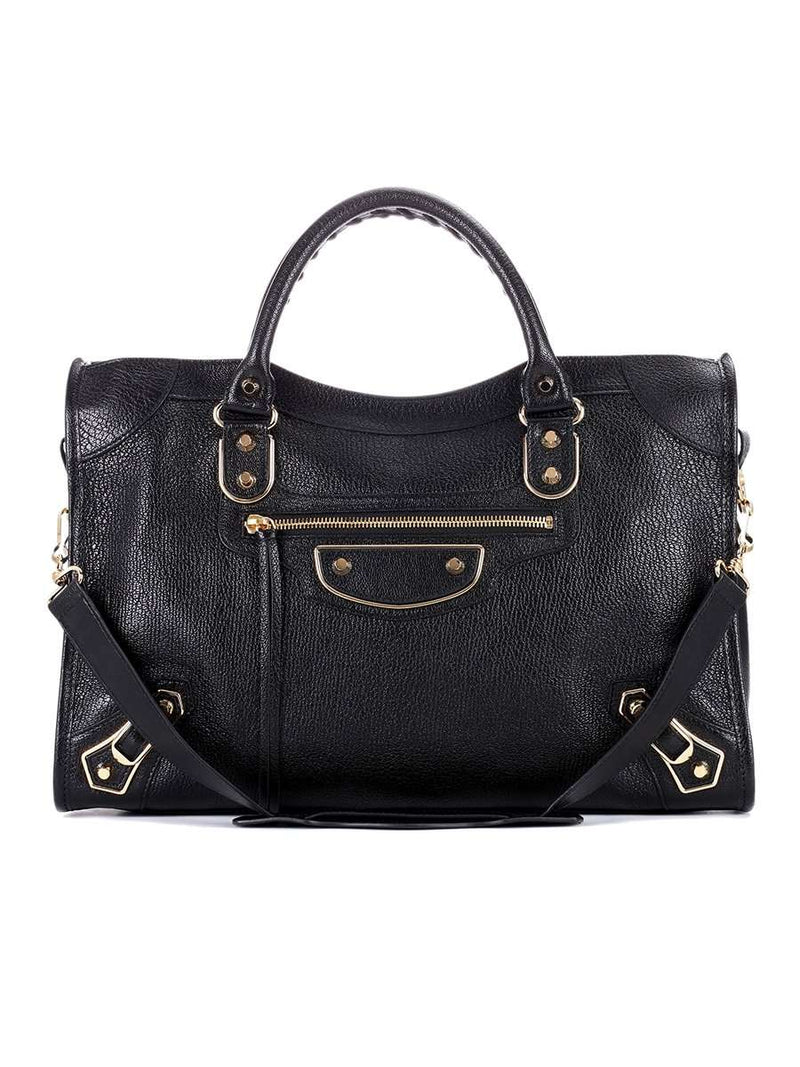 Balenciaga Classic Metallic Edge City Medium Black Leather Tote Cosette