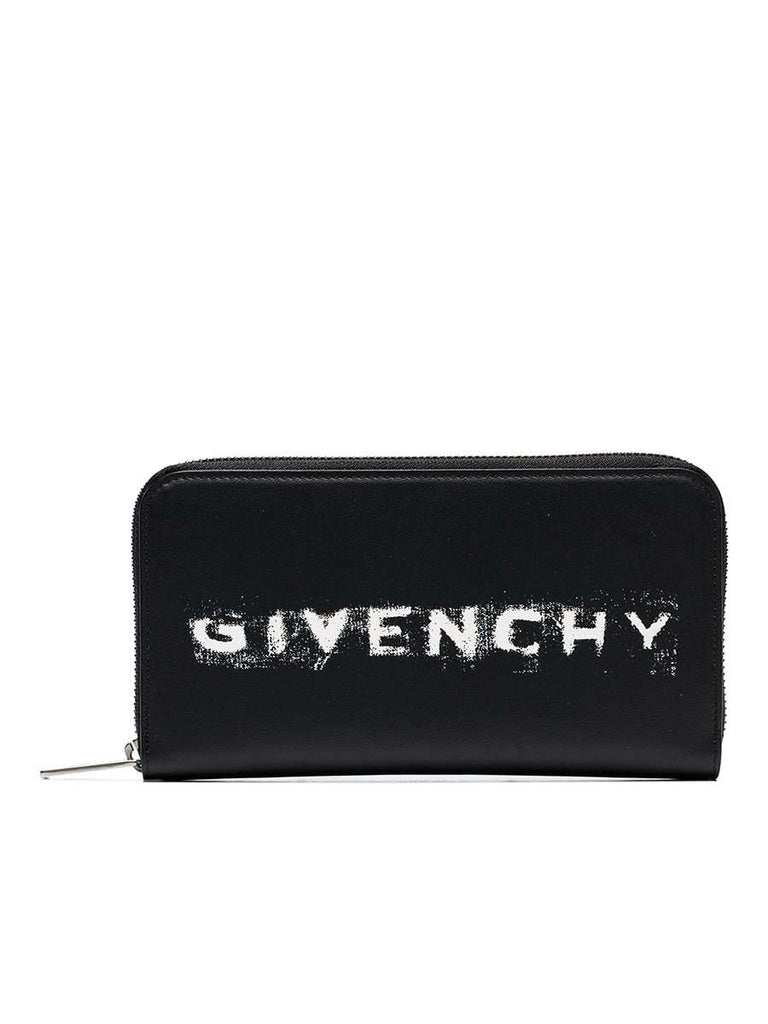 Faded Logo Zip Around Black Leather Wallet