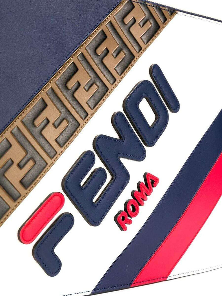 Fendi X Fila Medium Mania Logo Blueberry Multicolor Leather Clutch Cosette