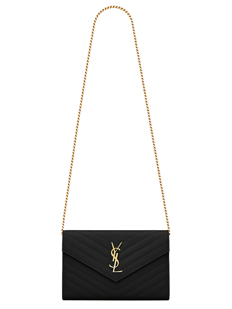 Saint Laurent Monogram Chain Wallet Matelasse Grain de Poudre Gold-tone  Black