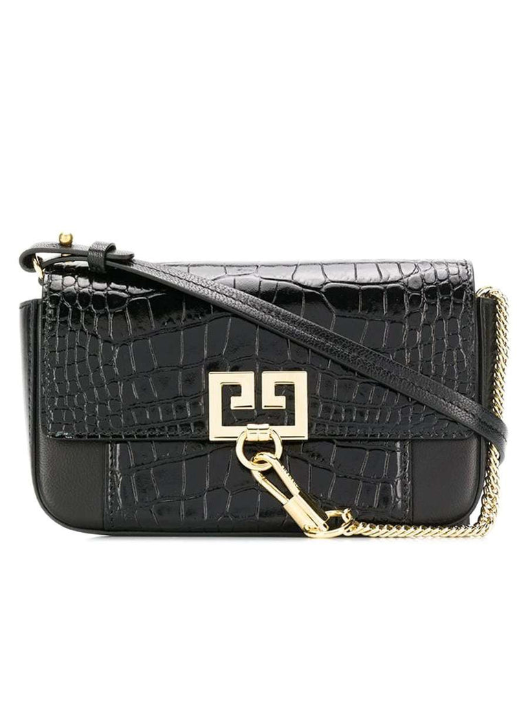 Mini Pocket Croc-effect Black Leather Shoulder Bag