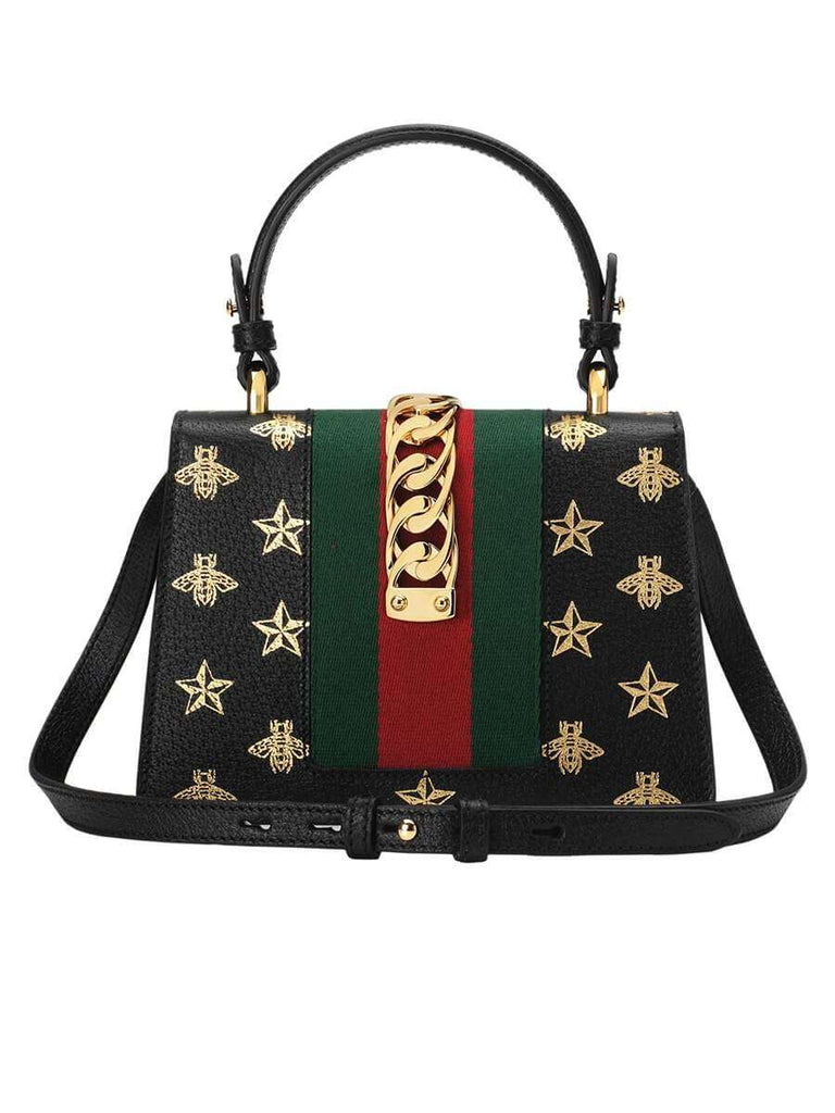 Gucci Sylvie Bee Star Mini Black Leather Bag Cosette