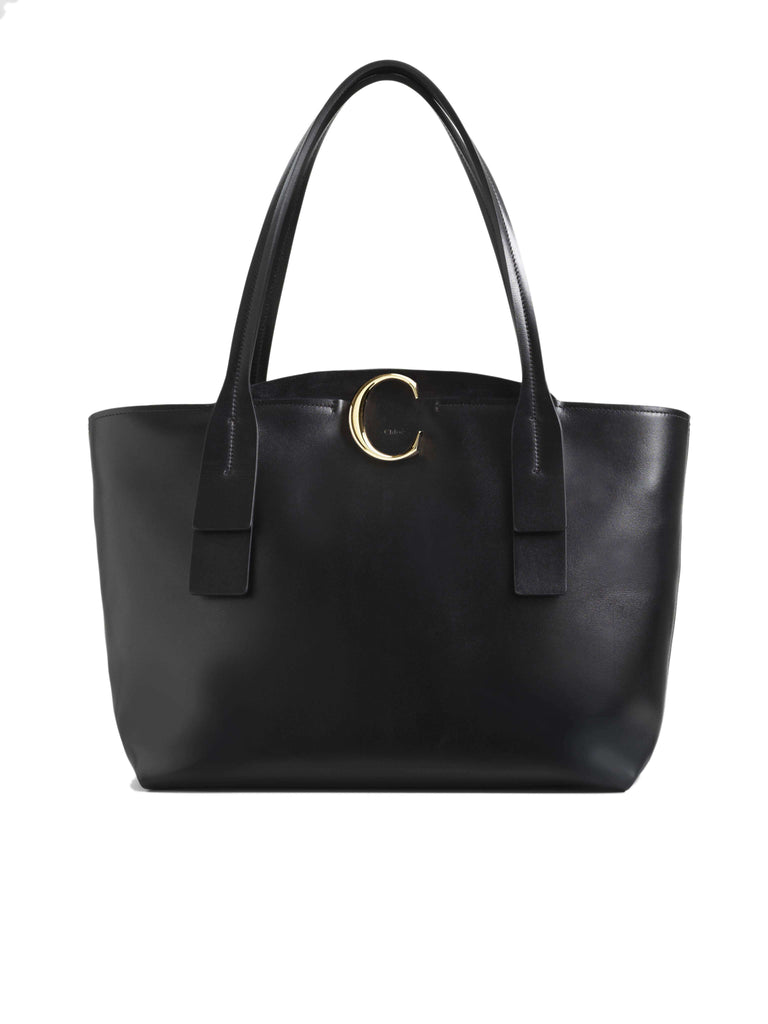 Small C Zipped Black Leather Tote