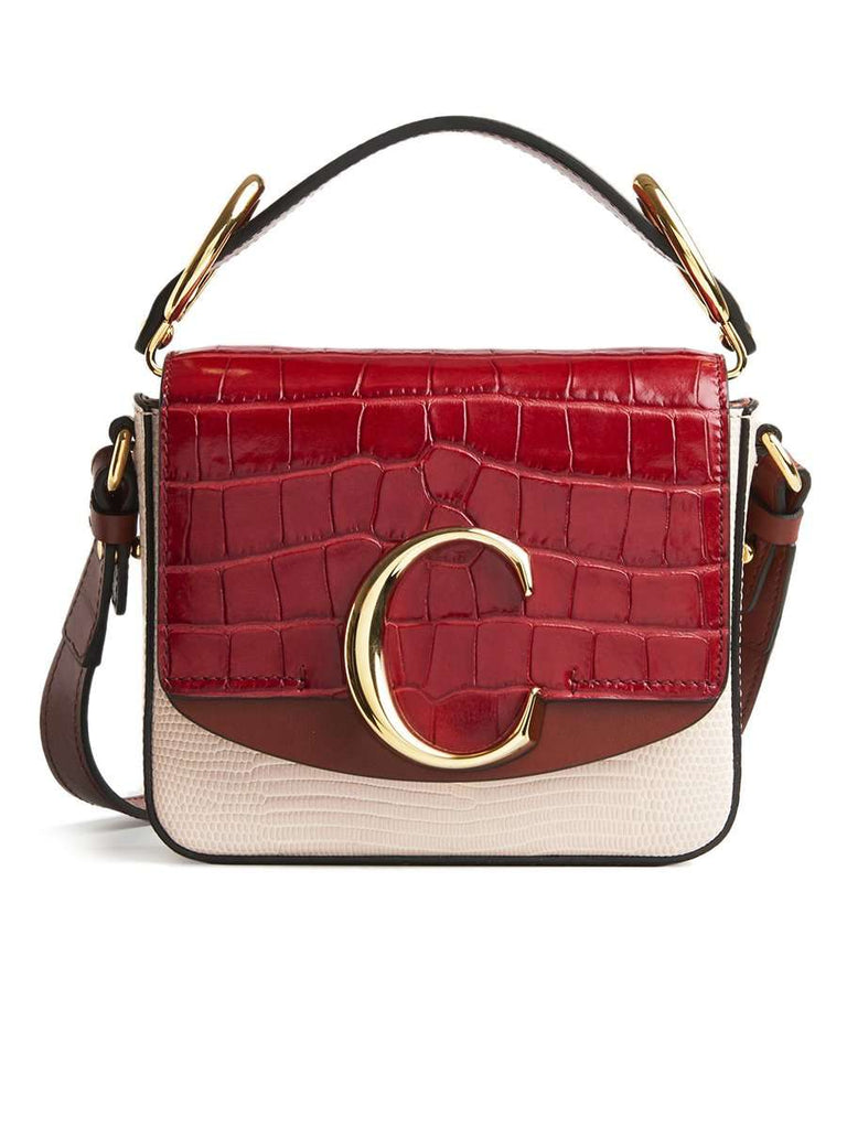 Mini C Red Croc-embossed & Pink Lizard effect Leather Shoulder Bag