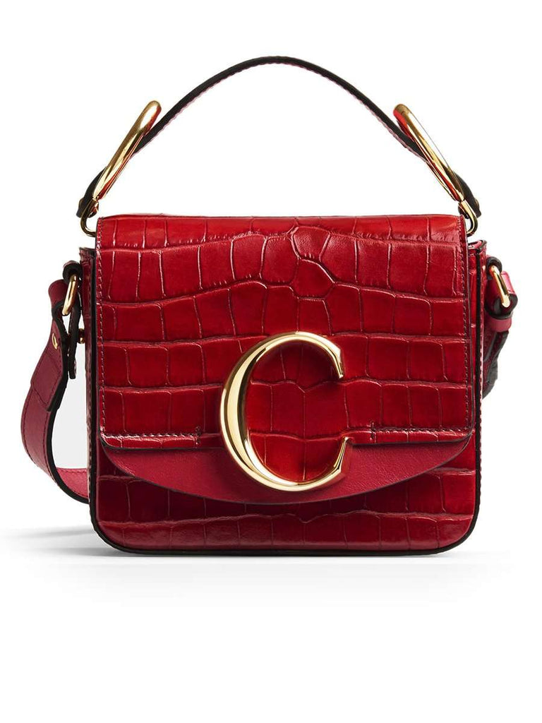 Mini C Dusky Red Croc-embossed Leather Shoulder Bag