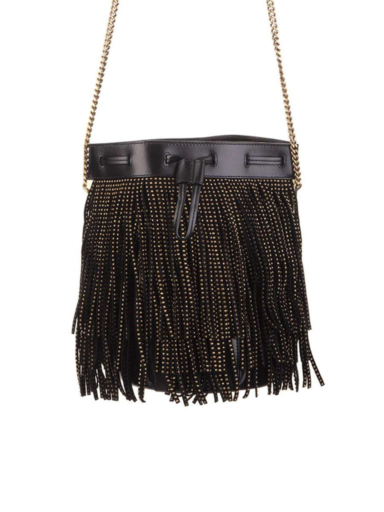 Talitha Small Bucket Bag in Black Suede Decorated with Fringes and Studs