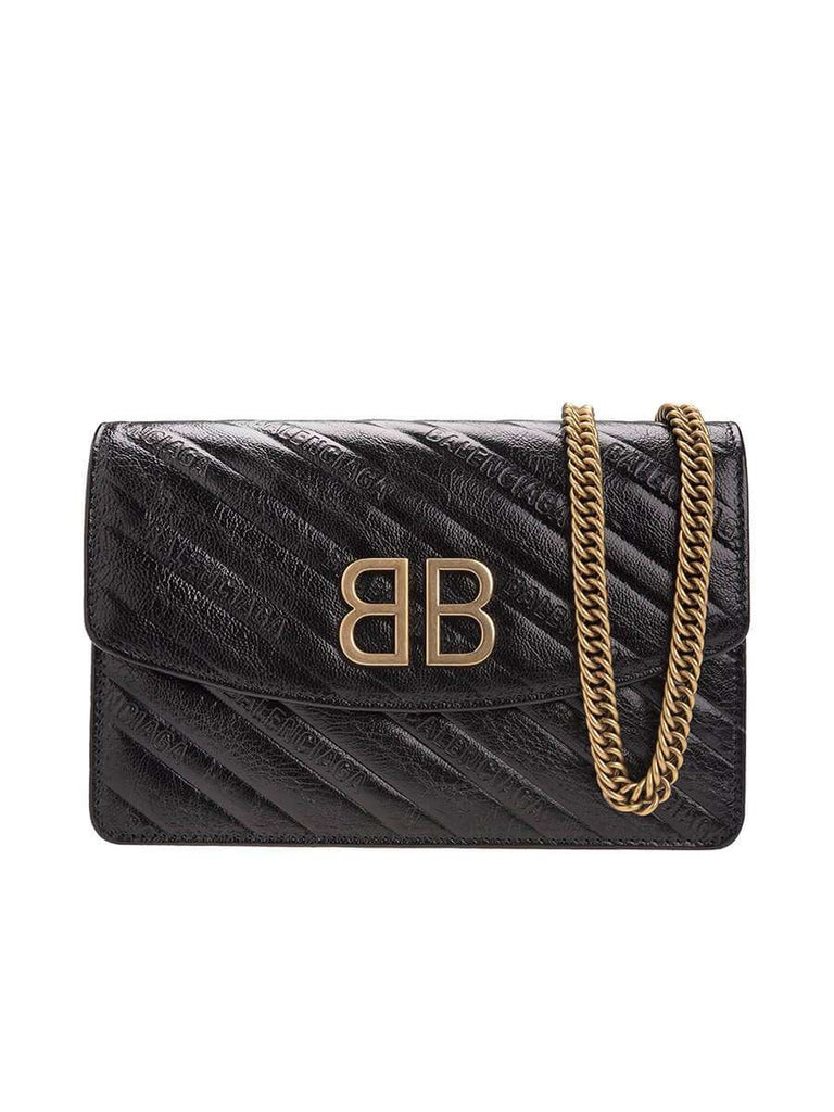 BB Black Leather Wallet On Golden Chain Bag