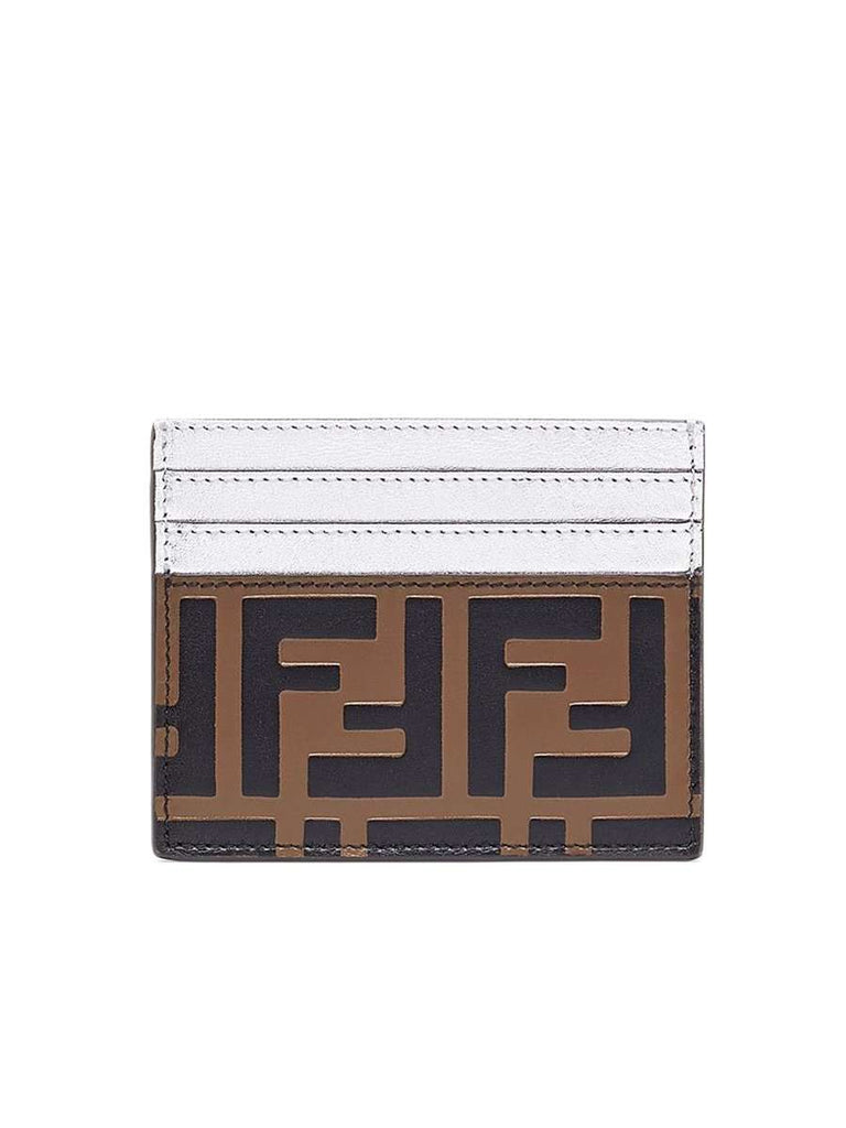 FF Logo Embossed Brown & Silver Leather Card Holder