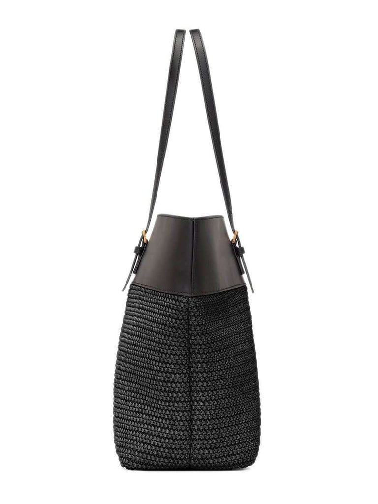 Boucle Medium E/W Shopping Bag in Raffia and Smooth Leather black side