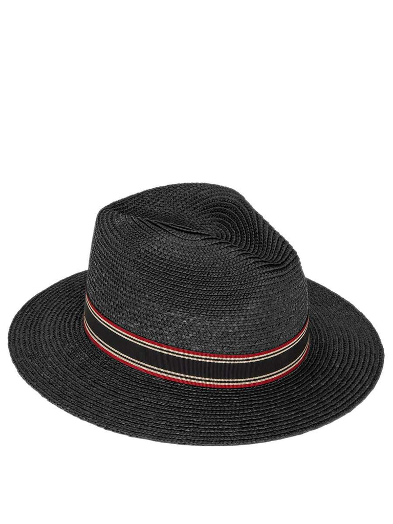 Straw Panama Hat with Contrasting Striped Canvas Ribbon