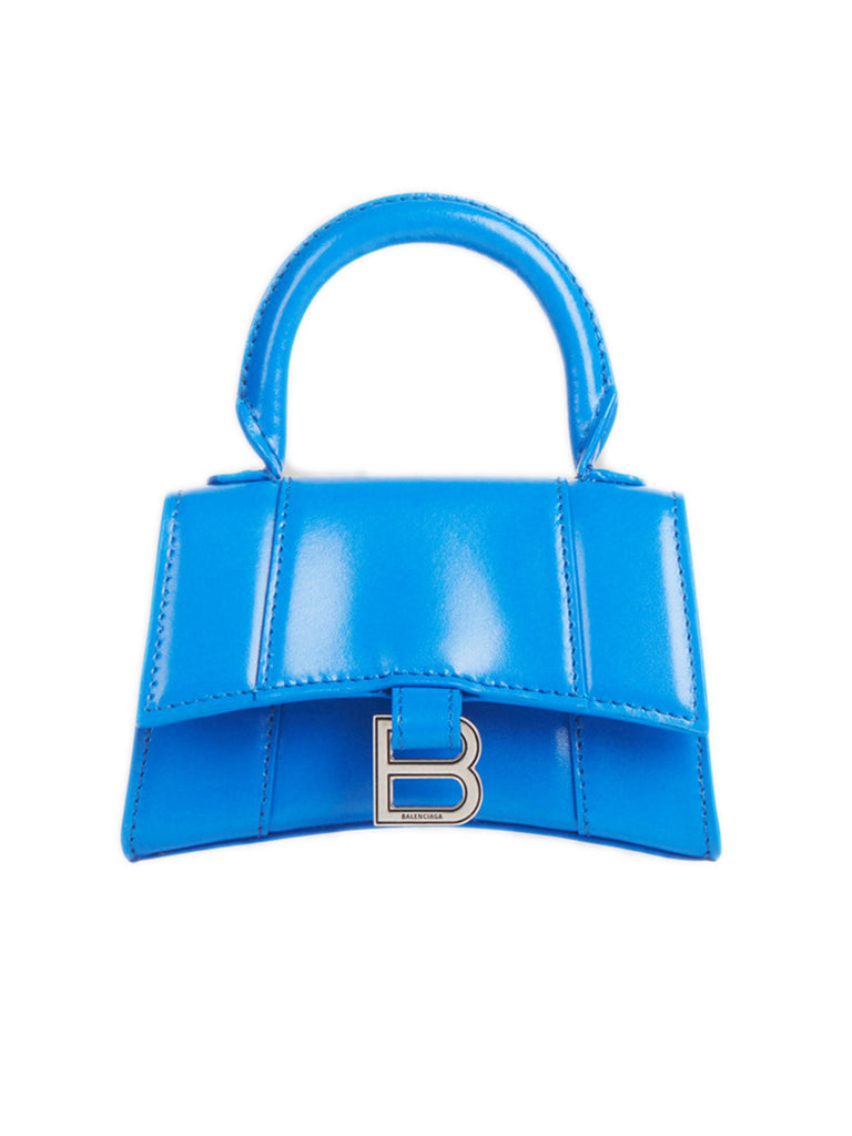 Hourglass Mini Top Handle in Blue Shiny Box Calfskin