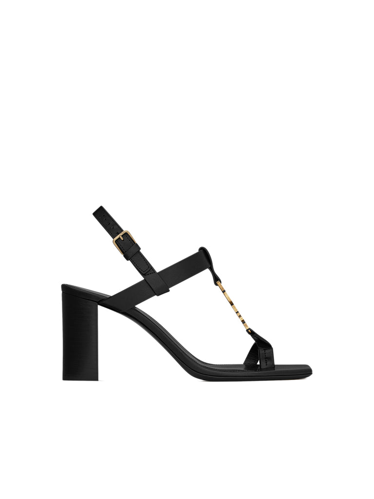 SAINT LAURENT | Cassandra Heeled Sandals in Smooth Leather with Gold-Tone Monogram