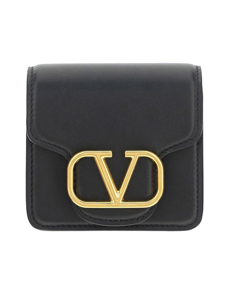 VLogo Leather Wallet with Neck Strap