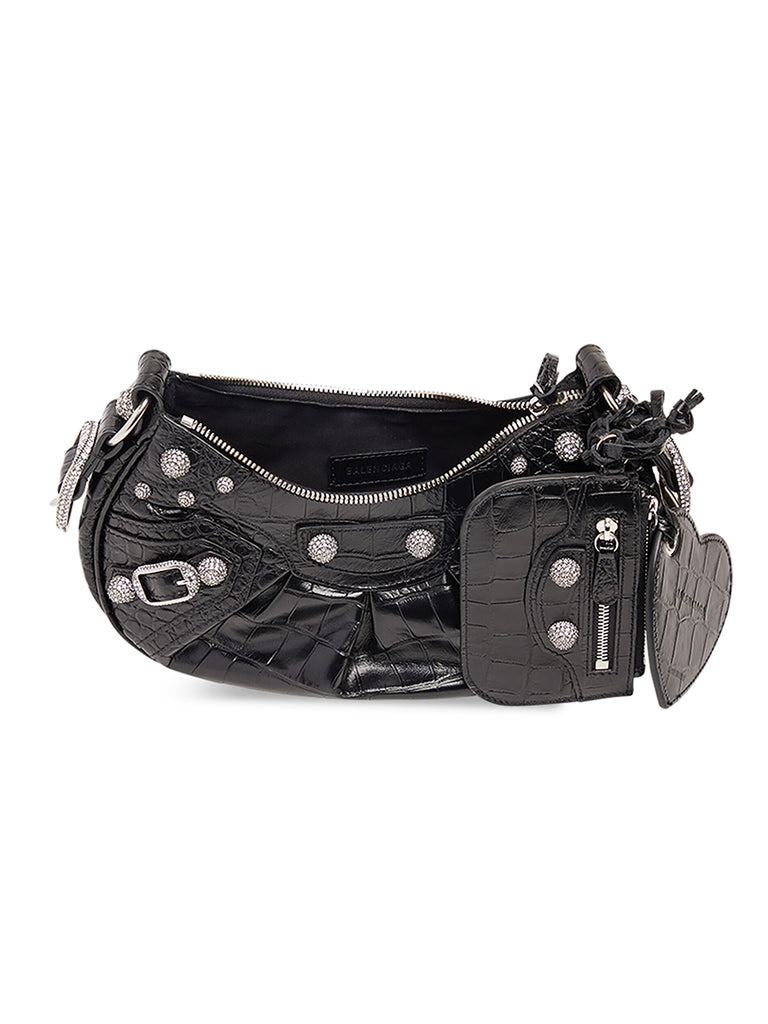 Le Cagole XS Shoulder Bag Crocodile Embossed with Rhinestones