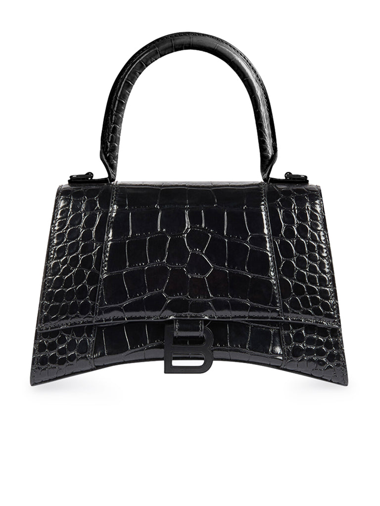 Hourglass Small Handbag Crocodile Embossed in Black