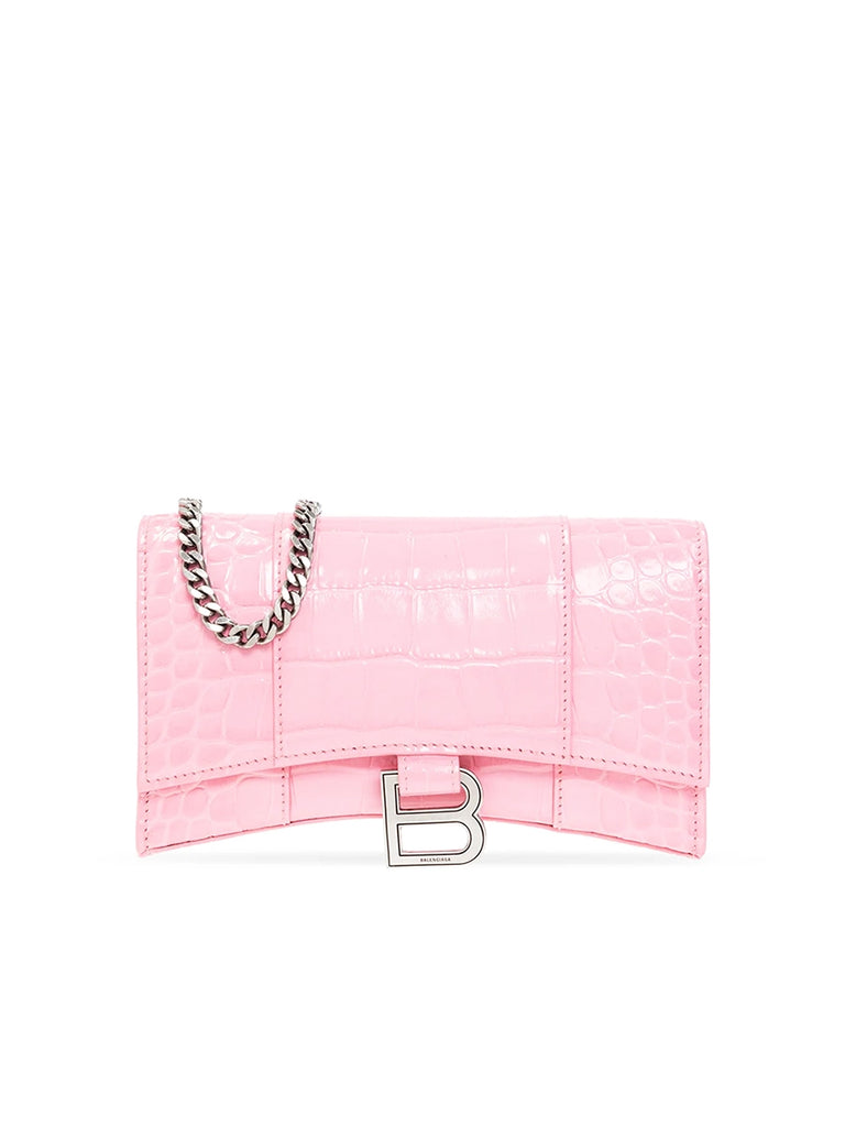 Hourglass Wallet with Chain Crocodile Embossed in Pink