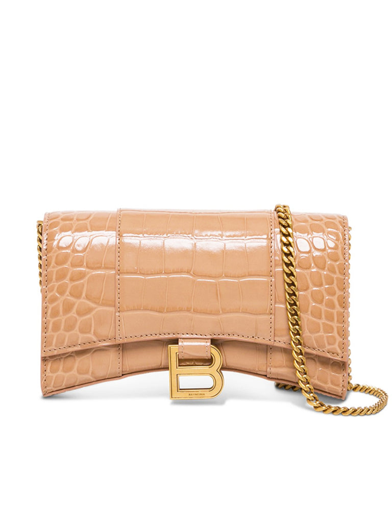 Hourglass Wallet With Chain Crocodile Embossed in Beige