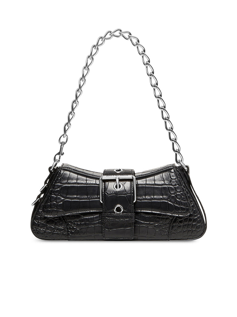 Lindsay Small Shoulder Bag With Strap Crocodile Embossed in Black Matte