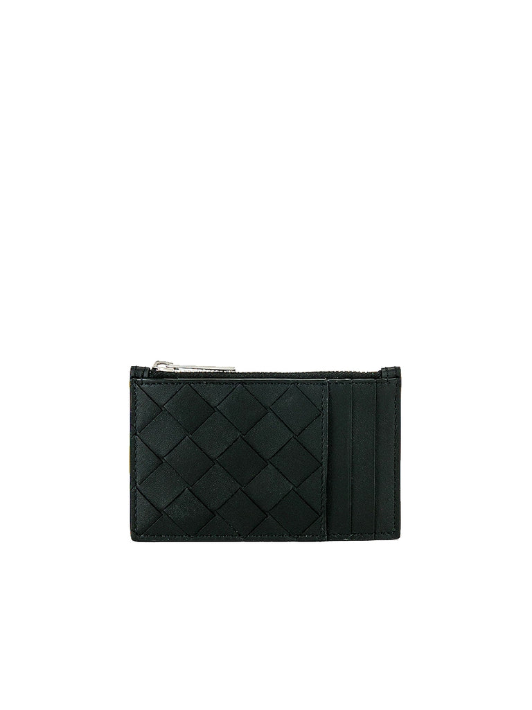 Zipped Intrecciato Leather Card Case in Black with Silver Hardware
