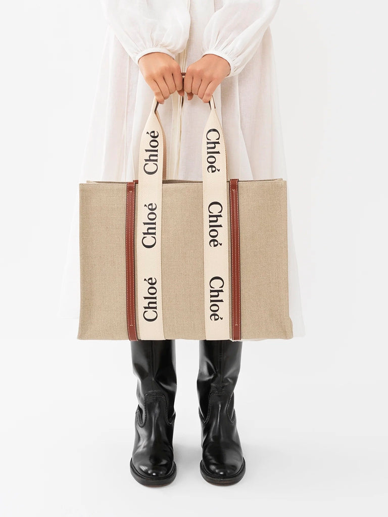 Chloé Large Woody Tote Bag in Linen White/Brown
