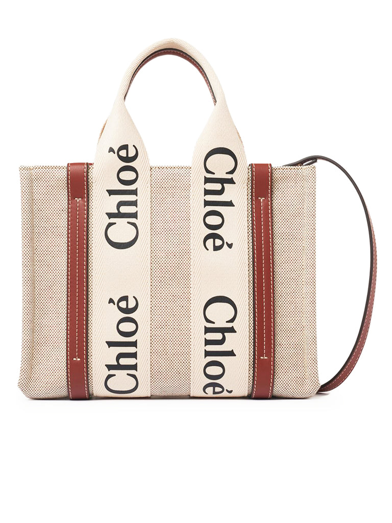 Small Woody Tote Bag with Strap in White/Brown