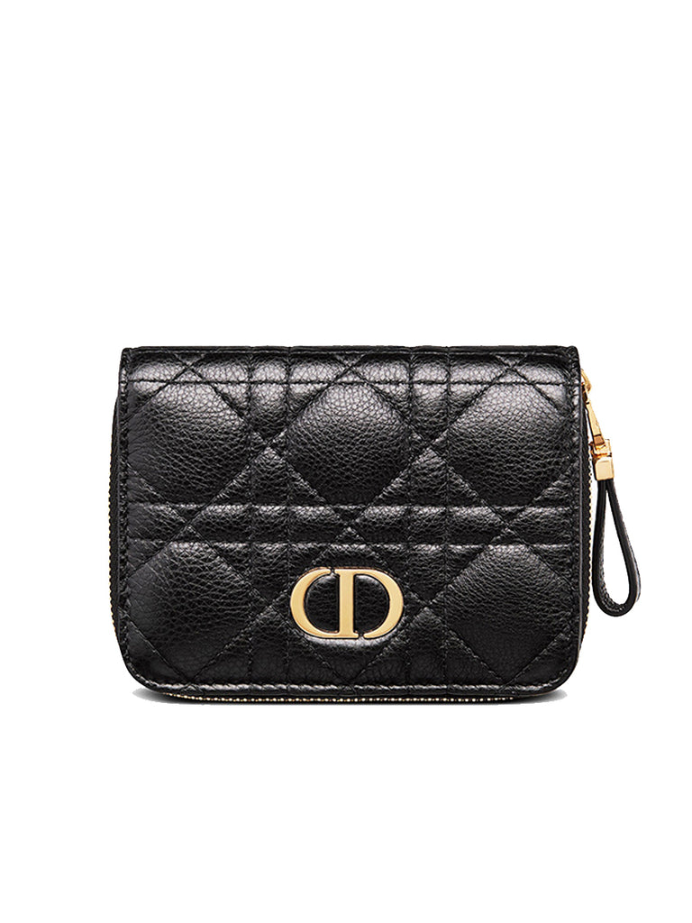 Dior Caro Compact Zipped Wallet in Black Supple Cannage Lambskin