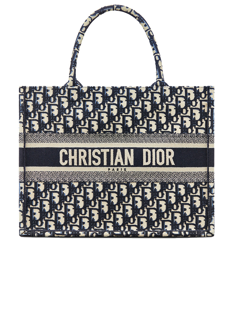 Medium Dior Book Tote in Blue Dior Oblique Embroidery