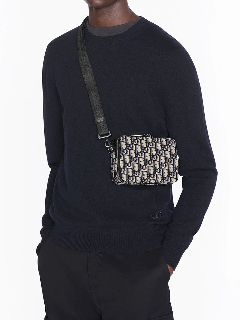 Dior Oblique Jacquard Pouch with Shoulder Strap Beige Black