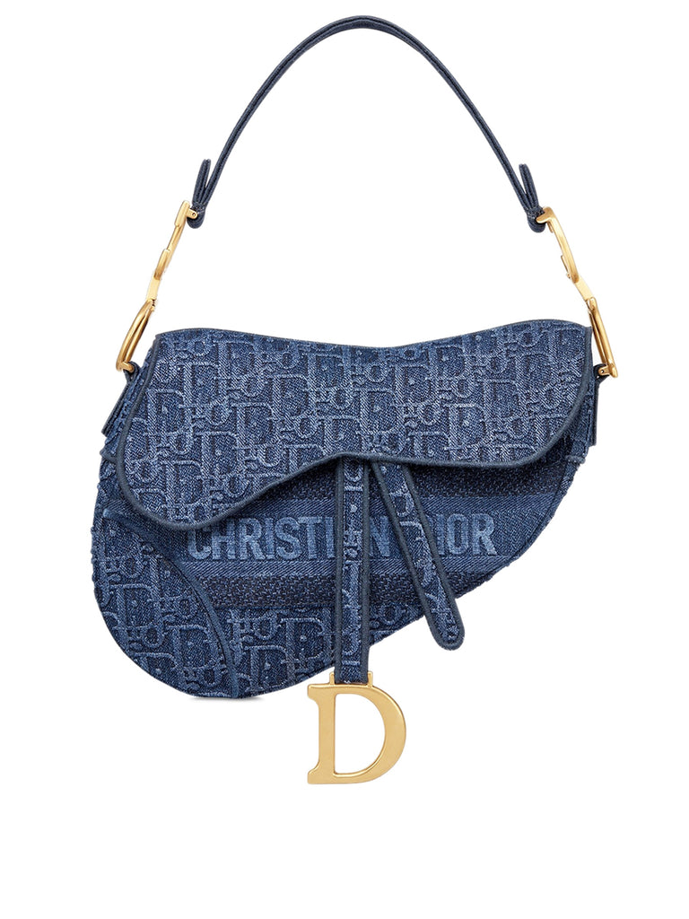 Saddle Bag in Blue Dior Oblique Embroidered Denim