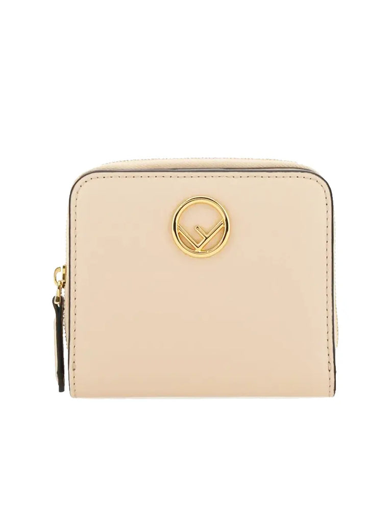 F Gold Logo Light Pink Leather Zip Around Wallet