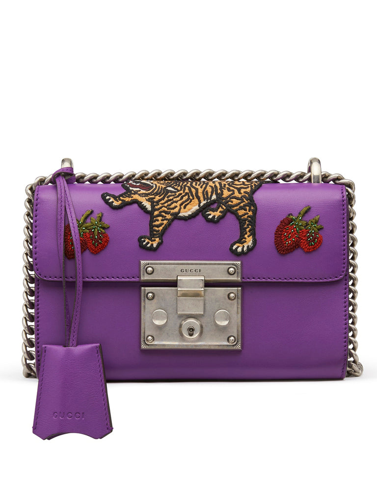 Padlock Small Shoulder Bag with Embroidered Tiger & Strawberry