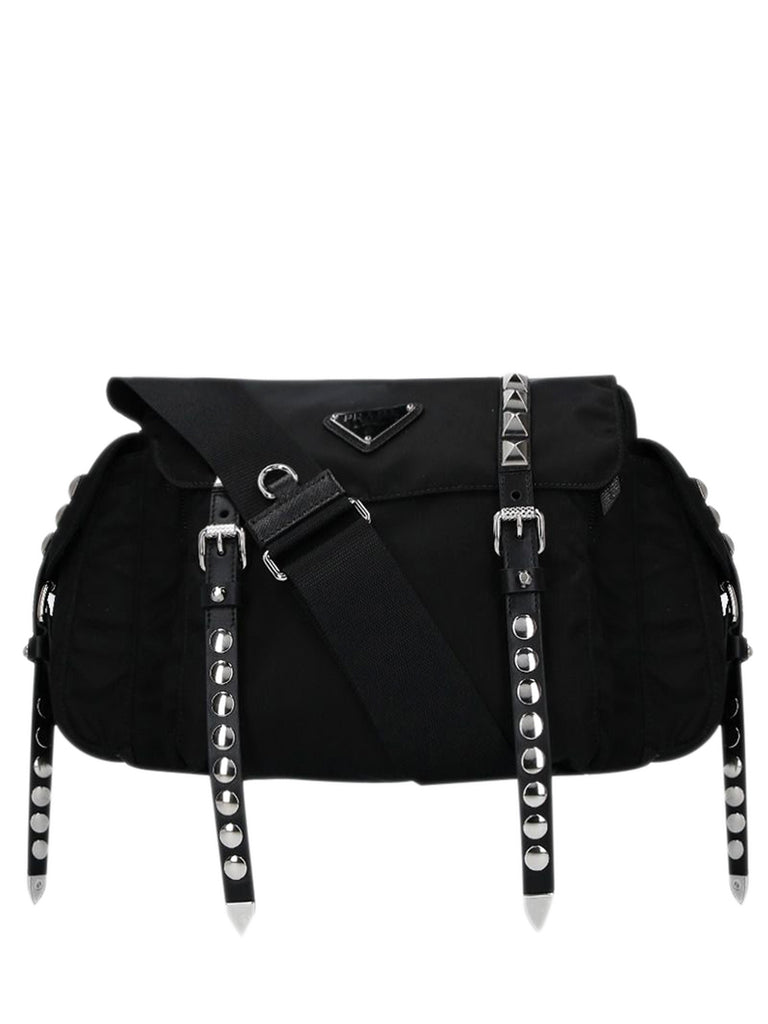 Nylon Studded Shoulder Bag in Black