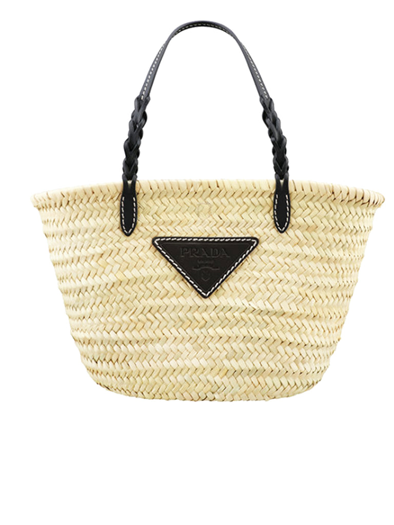 Woven Palm and Leather Tote in Black