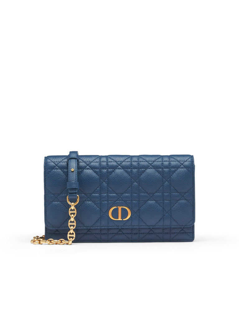 Dior Caro Belt Pouch with Chain in Blue Supple Cannage Calfskin