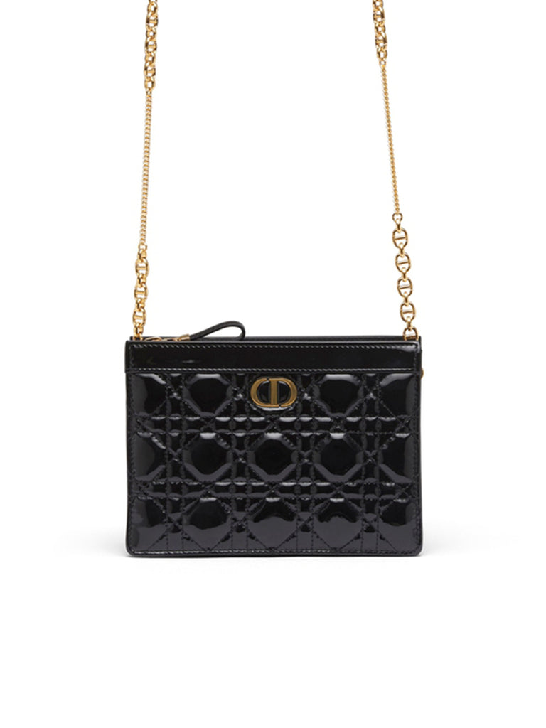 Dior Caro Zipped Pouch with Chain in Black Supple Cannage Calfskin