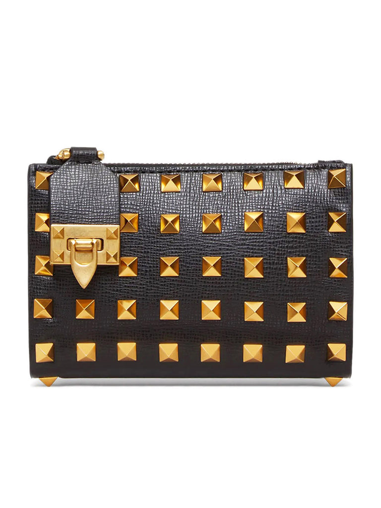 Rockstud Coin Purse and Cardholder in Grainy Calfskin Leather with All-Over Studs